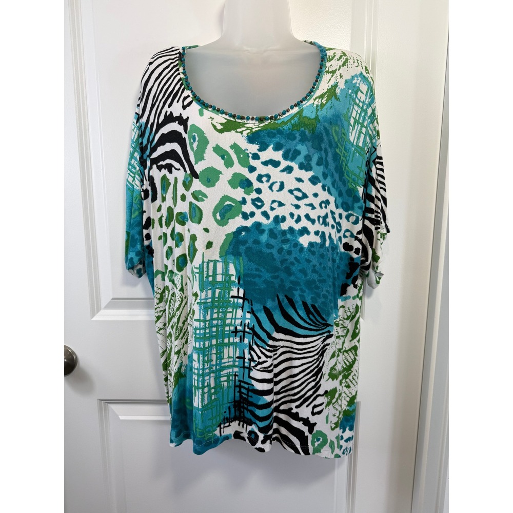 Ruby Rd Womens XLโ Animal Print Beaded Scoop Neck Top Teal Green Zebra Leopard
